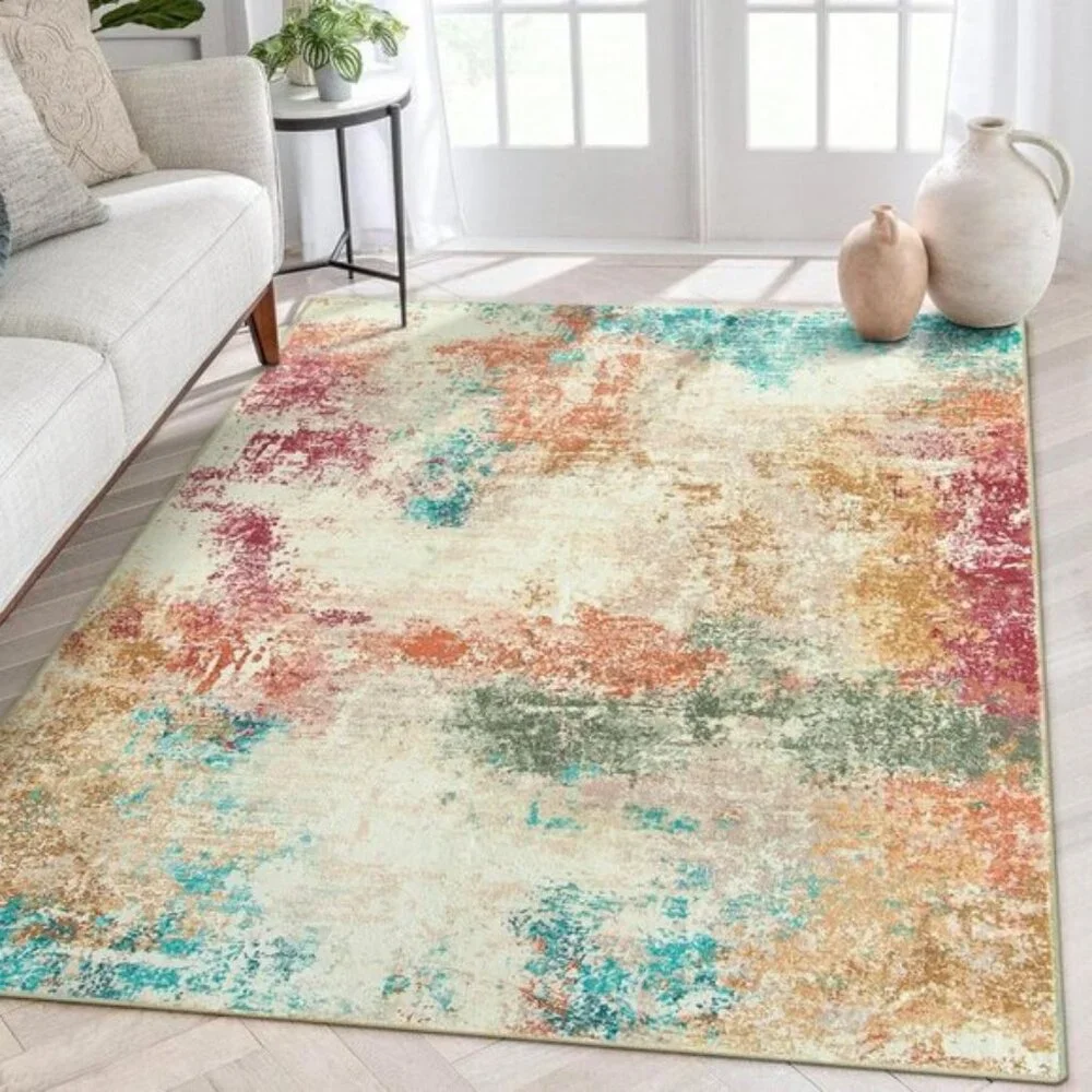 New Ultra-Thin 5x7 Washable Rug, Non-Slip Neutral Area Carpet for Home & Office